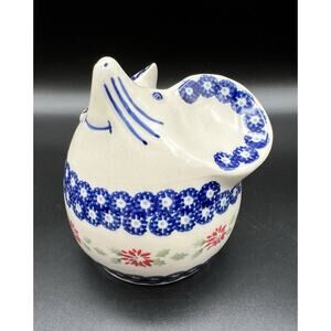 Polish Pottery Christmas Mouse Coin Bank with Holly & Poinsettia Flowers 4.5”